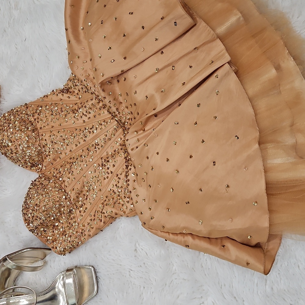 Bundle-Gold Strapless Party Dress with Scarf & Heels - Picture 2 of 14